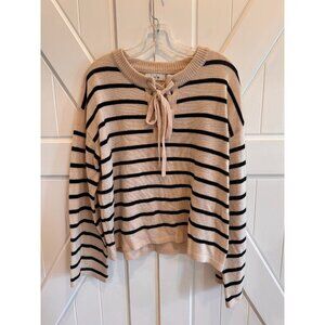 Sadie & Sage Cream Black Stripe Lace up Pullover Sweater Womens Size Large